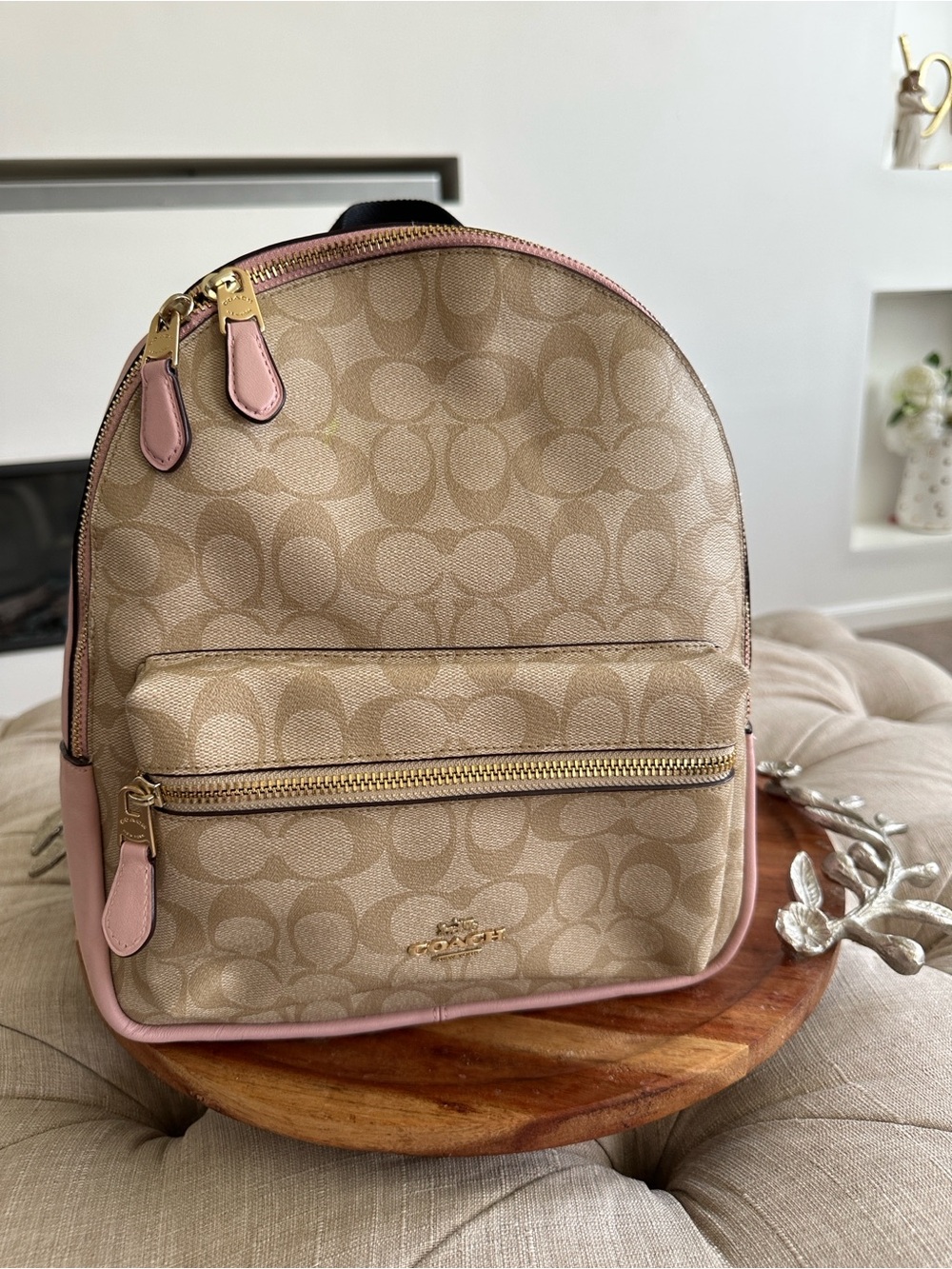 Coach Khaki Signature Canvas Mini Backpack with Pink Trim
